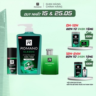 Combo Romano: Sữa tắm sạch khuẩn Classic 650G + Nước hoa Classic 50ml + Lăn khử mùi Classic 50ml