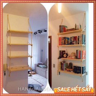 Kệ 4 Tầng 60x20cm Treo Tường Trang Trí ĐẶC BIỆT Bằng Dây Thừng Trang Trí Gỗ Cao Su Ghép