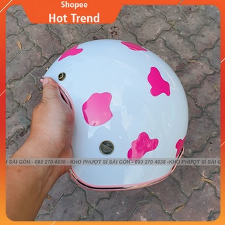 Mũ nón bảo hiểm phượt 3/4 trắng lót hồng cho nữ kèm sticker bò sữa hồng siêu cute - nón 3/4 bò sữa hồng đi chơi