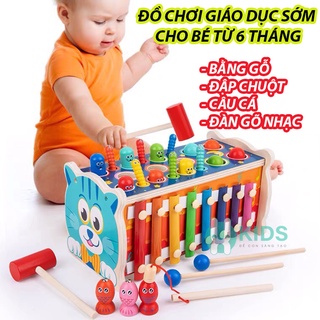 Đồ chơi giáo dục sớm cho bé bằng gỗ kèm trò chơi đập chuột, câu cá nam châm, đàn gõ phím piano trẻ em từ 1 - 4 tuổi