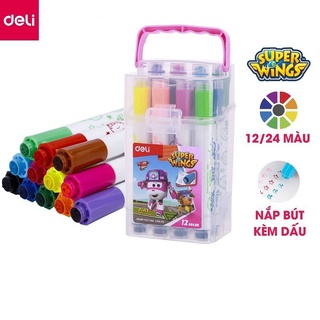 Bút màu nước hộp nhựa quai xách I đầu bút có dấu Deli EC10904 / EC10924 - 12 màu/24 màu - 1 hộp