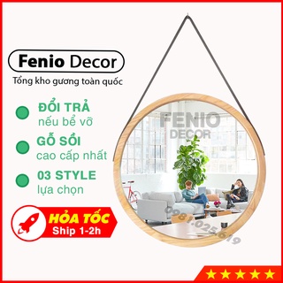 Gương tròn treo tường khung viền gỗ tự nhiên [3 KIỂU TREO] Dây treo bằng da, dây thừng hoặc loại móc treo phía sau