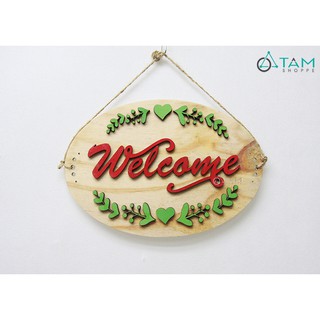 Bảng Welcome treo cửa chữ nổi họa tiết lá xanh 2 mặt W-BTC-W01