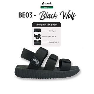 Sandal Saado chính hãng 3 quai BEAST BE03 màu full đen Black Wolf đế yezi, Dép quai sau nam nữ quai thắt ngang
