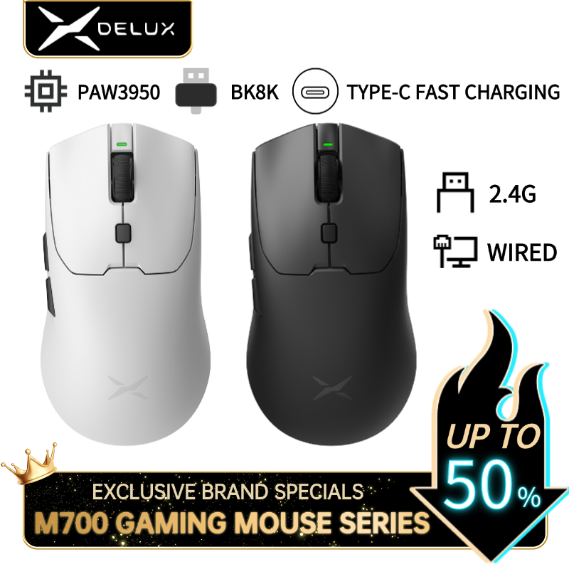 DELUX M700 SERIES PAW3950 / PAW3395 26000 / 30000DPI 1000HZ / 8000Hz 50G ACC Chuột chơi game không dây có thể lập trình 59g Chuột chơi game có dây nhẹ cho game thủ PC