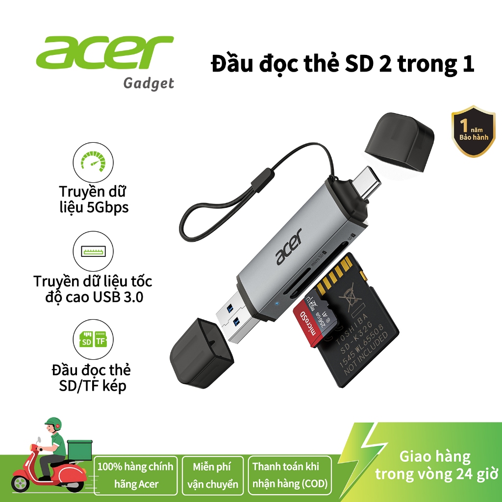 Acer Đầu đọc thẻ 2 trong 1 SD/TF OTG USB C / A Bộ chuyển đổi thẻ nhớ USB 3.0 Type C sang Micro SD Thích hợp cho điện thoại di động máy tính xách tay máy tính bảng máy tính để bàn và máy ảnh UC202