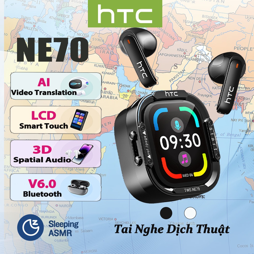 HTC NE70 AI Video Tai nghe dịch thuật 3D Âm thanh không gian V6.0 Tai nghe Bluetooth LCD Chơi game độ trễ thấp Tai nghe không dây