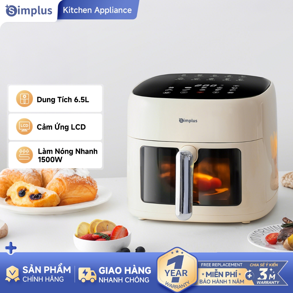 Simplus Nồi chiên không dầu dung tích lớn 6.5L, 1500W, cửa sổ trực quan, 10 menu cài sẵn đa chức năng, sử dụng cho gia đình KQZG018