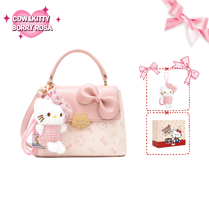 BORRY ROSA / COW & KITTY Túi xách đeo chéo màu hồng túi giỏ màu hồng có khóa kéo và bùa chú mèo