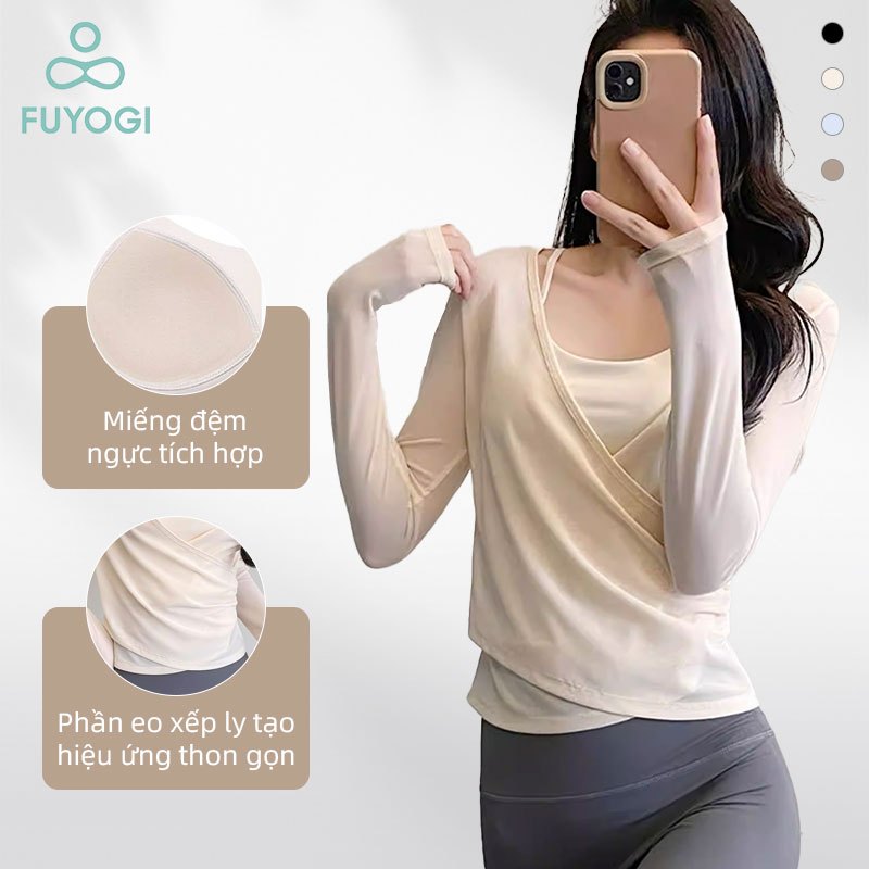 Bộ áo thể thao FUYOGI Thiết kế hai trong một dài tay tích hợp áo ngực lưới chạy bộ Yoga Pilates