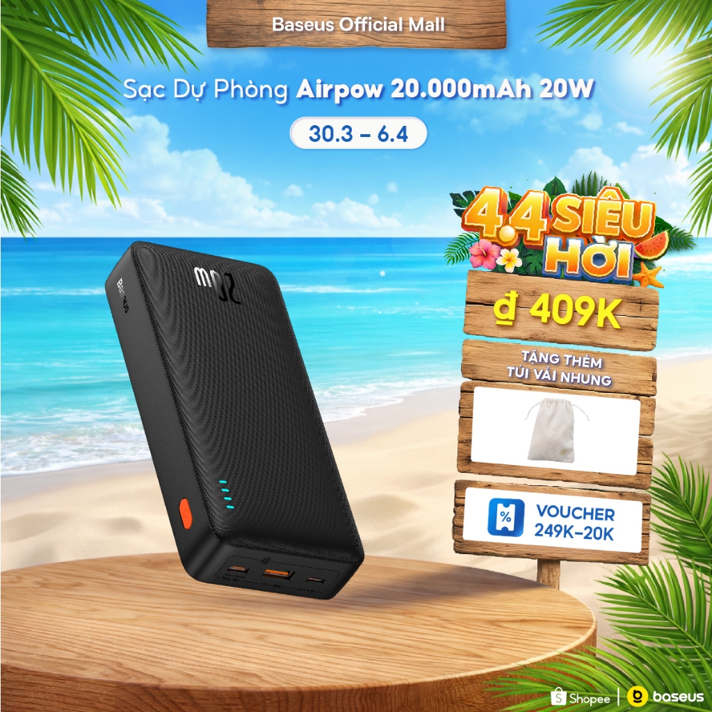 Sạc dự phòng Airpow BASEUS có sạc nhanh 20W 20000mah thích hợp cho phone 15 / 14 / 13 / 12 xiaomi