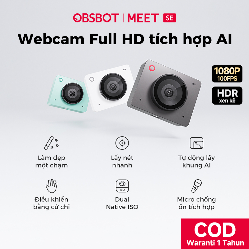 OBSBOT Meet SE 1080P 100FPS dành cho PC -tích hợp AI tự động căn chỉnh khung hình, có cảm biến 1/2.8 inch, Chế độ làm đẹp, Điều khiển bằng cử chỉ, HDR xen kẽ, là lý tưởng cho máy tính để bàn, laptop và các cuộc họp trực tuyến.