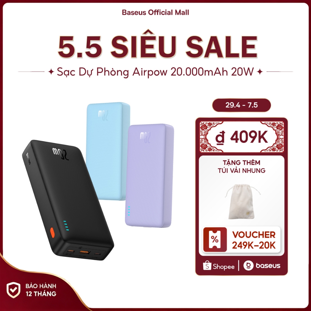 Sạc dự phòng Airpow BASEUS có sạc nhanh 20W 20000mah thích hợp cho phone 15 / 14 / 13 / 12 xiaomi