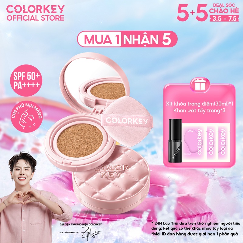 COLORKEY Cushion Chống Nắng SPF50+ PA++++ Kẻ Ô Hồng, Mỏng Nhẹ, Lâu Trôi 24H, Nâng Tone Tự Nhiên, Dưỡng Sáng 3% Niacinamide 11g