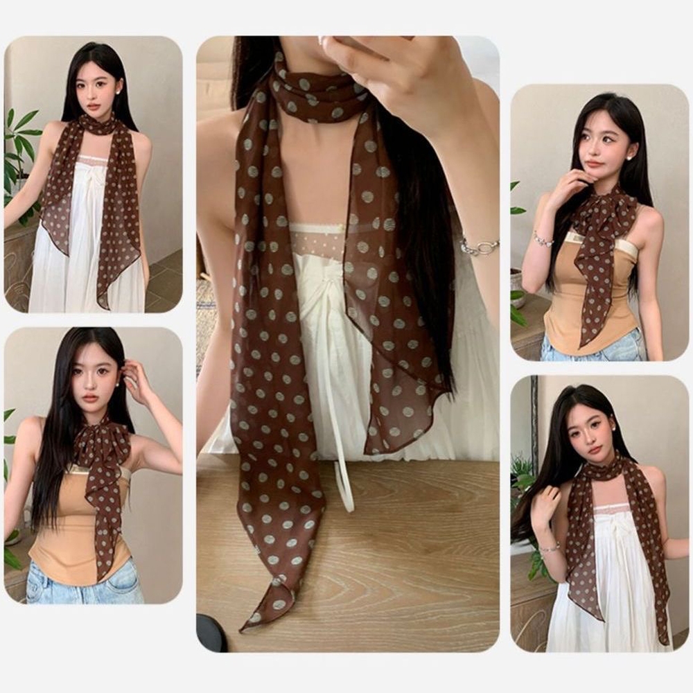 Khăn quàng cổ chấm bi Khăn lụa thắt lưng Chiffon vintage băng đô Y2k phụ kiện thời trang nữ cột tóc quà tặng bạn gái J101