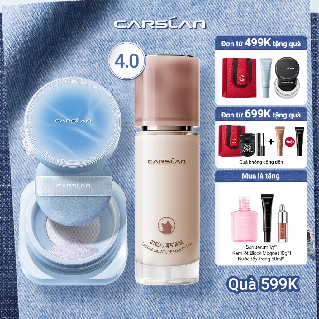 【COMBO】 Phấn phủ Carslan Black Magnet 2.0 8g + Kem nền ẩm lâu dài 4.0 mới Carslan 30g