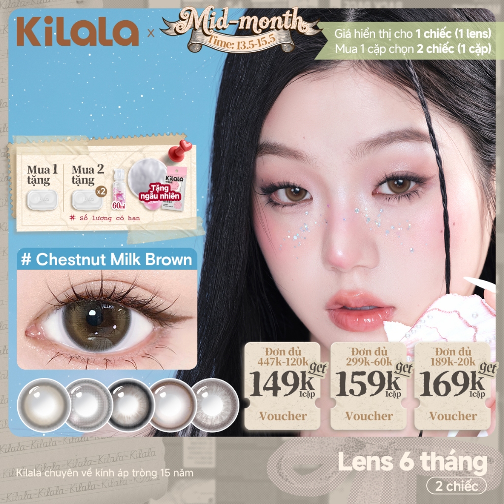 Kính áp tròng màu Kilala - Nâu Chestnut Milk Brown/ Xám Lychee Grey/ Xanh Pandora Blue lens cận 6 tháng DIA 14.2mm có độ (0-7) Ocean Pearl Collection[Giá 1 chiếc lens ]