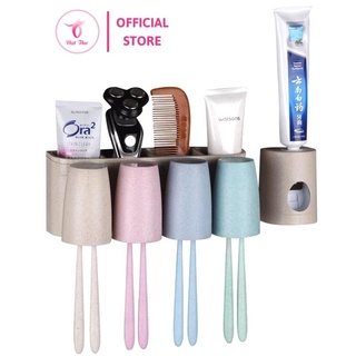 Kệ bàn chải đánh răng nhà tắm dán tường siêu chắc Việt Thư 2 cốc, 3 cốc, 4 cốc lúa mạch kèm máy nhả kem