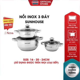 Nguyên bộ nồi inox  3 đáy bếp từ SUNHOUSE 16 20 24cm dùng mọi loại bếp truyền nhiệt nhanh, tỏa nhiệt đều, giữ nhiệt tốt