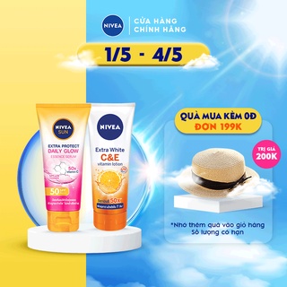 Bộ đôi chống nắng và dưỡng trắng NIVEA từ vitamin C: Serum chống nắng toàn thân  SPF50 PA+++180ml + Dưỡng thể C&amp;E 180ml