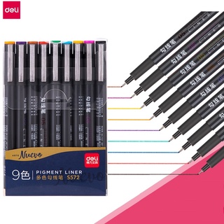 Bút đi nét liner , bút viết kỹ thuật 9 màu ngòi bọc kim loại 0.5mm - Deli S572 (Hộp bút 9 màu)