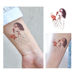 Hình xăm cô gái và hoa c14. Tatoo dán tạm thời size <10x6cm