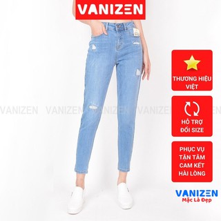 Quần jean nữ ống rộng baggy đẹp lưng cao cạp căn bản rách thêu hàng hiệu cao cấp mã 461 VANIZEN