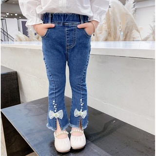 Quần  jean Tết  bé gái ống loe phối cúc , nơ,ngọc trai sang chảnh cho bé iu 10-35kg JT