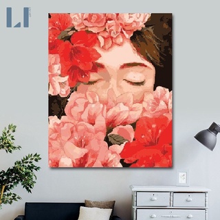 Tranh sơn dầu số hoá có khung LIM Art - Tranh tô màu theo số cô gái hoa T123