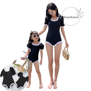 Bộ quần áo bơi bikini liền thân cho Mẹ và Bé mẫu đen viền ren trắng 8-60kg XHN927