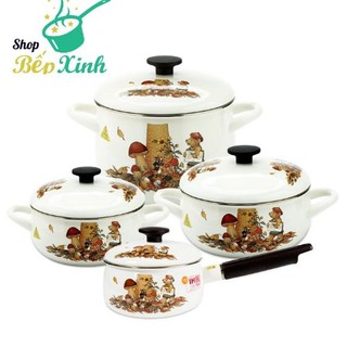 Bộ nồi tráng men bếp từ Fujihoro Nhật Bản cao cấp ( hoa văn con gấu ), nhập khẩu Thái Lan