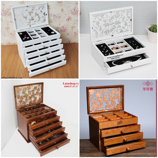 NHIỀU MẪU ĐẸP Hộp Đựng Trang Sức Gỗ Vintage 2 Tầng 4 Tầng 6 Tầng Trắng Gỗ Các Loại