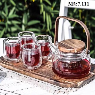 [CÓ SẴN] Bộ ấm trà thủy tinh hai lớp chịu nhiệt có quai gỗ kèm khay gỗ 7.111