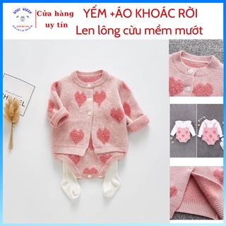 Bộ yếm len lông cừu và áo khoác cardigan họa tiết trái tim dành cho bé gái HÀNG CAO CÂP LOẠI 1