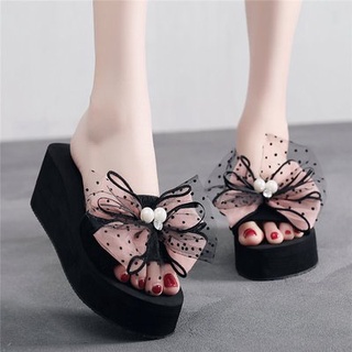 (SẴN HÀNG )Dép Lê Đi Biển Quai Ngang Nữ Đính Nơ Voan Xinh Đế Xuồng Chống Trượt Cao Cấp