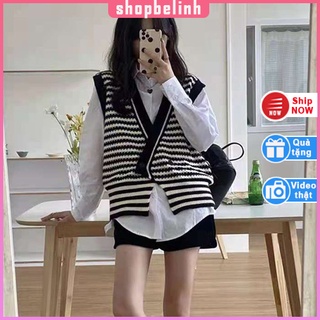 [Có sẵn- ảnh thật] Áo len áo gile kẻ sóng freesize cổ V cài 1 khuy dáng rộng hoạ tiết kẻ dành cho nữ - shopbelinh