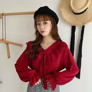áo kiểu tay dài ống loe cổ cánh tiên chữ V cột dây