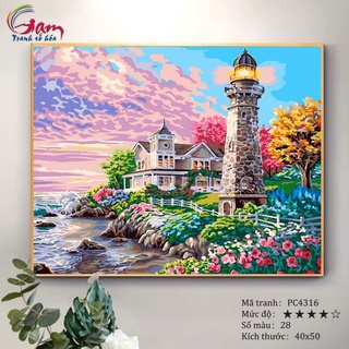Tranh sơn dầu số hoá phong cảnh Biển ❤️MẪU HOT❤️ GAM Ngọn hải đăng trên bờ biển PC4316