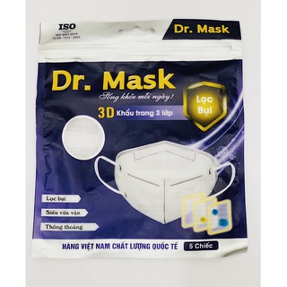 Khẩu trang 3D trắng - khẩu trang  3D Dr Mask  3 lớp kháng khuẩn- hàng Việt Nam chất lượng Quốc TẾ ( 5 c/ túi)