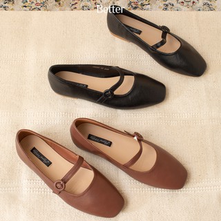 Giày búp bê bệt Mary Jane da sần đen đỏ đun 240819002 Better Shoes