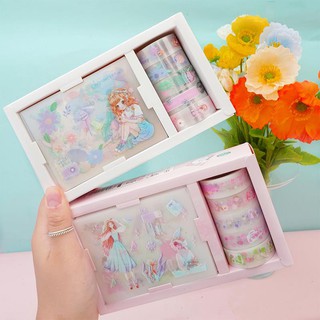 Hộp 5 cuộn Washi Tape và 8 tấm hình dán trang trí