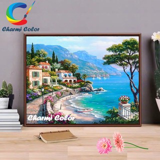 Tranh sơn dầu số hoá có khung đã căng 40x50 cm E527 Phố Biển