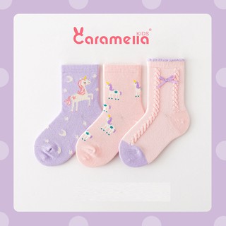 Set tất cho bé gái CARAMELLA cao cấp, set vớ cho bé gái 3 đôi kèm túi zip chủ đề Ngựa Một Sừng