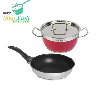 Bộ nồi chảo chống dính cao cấp Fivestar 2 món nắp inox  , 3 đáy từ , inox 430 , tặng 5 muỗng ăn
