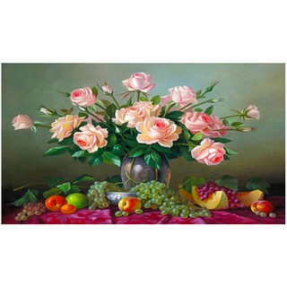 Tranh Đính Đá BÌNH HOA HỒNG (ĐÁ ABC CAO CẤP). Kích Thước: 62cm x 50cm