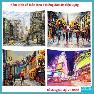 Tranh vải treo tường Decor phòng phong cách Vintage sơn dầu city  KÍCH THƯỚC LỚN 150x130cm Tặng Kèm Móc Treo, Dinh đóng