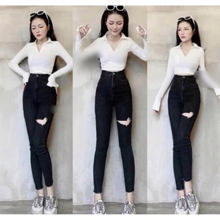 [Bigsize 32-36]  Quần Jean Skinny Màu Đen Rách Thời Trang, Jean Lưng Cao Qua Rốn-Co Giãn Mạnh