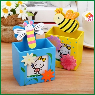 Hộp đựng bút hình vuông bằng gỗ kèm kẹp ảnh hoạt hình dễ thương