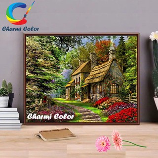 Tranh sơn dầu số hoá đã căn khung 40x50 cm KZPH9267 Ngôi nhà ngàn hoa