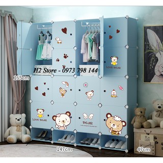 TỦ NHỰA LẮP GHÉP 16 Ô + 4 GIÀY CỬA GẤU DỄ THƯƠNG ĐỂ ĐỒ ĐA NĂNG THÔNG MINH sâu 47cm